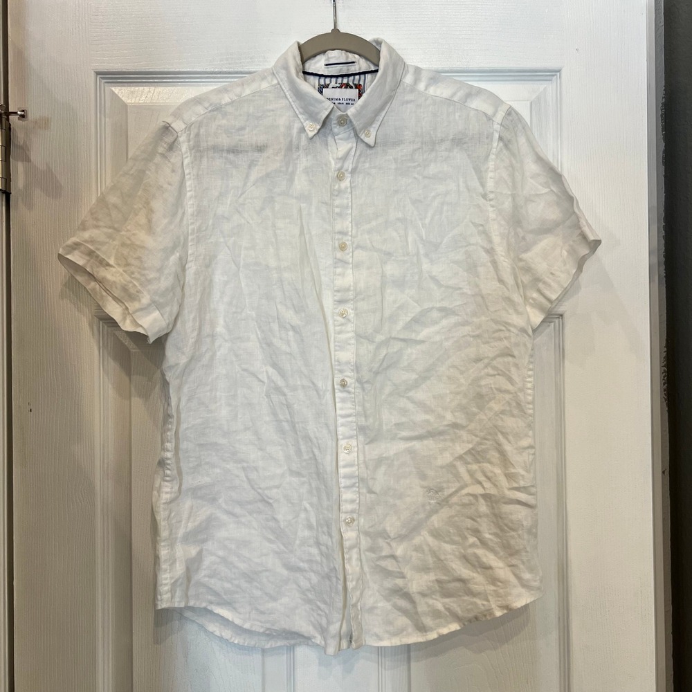Denim & Flower Button Down Shirt 100% Linen White Coastal Minimalist Cruise M